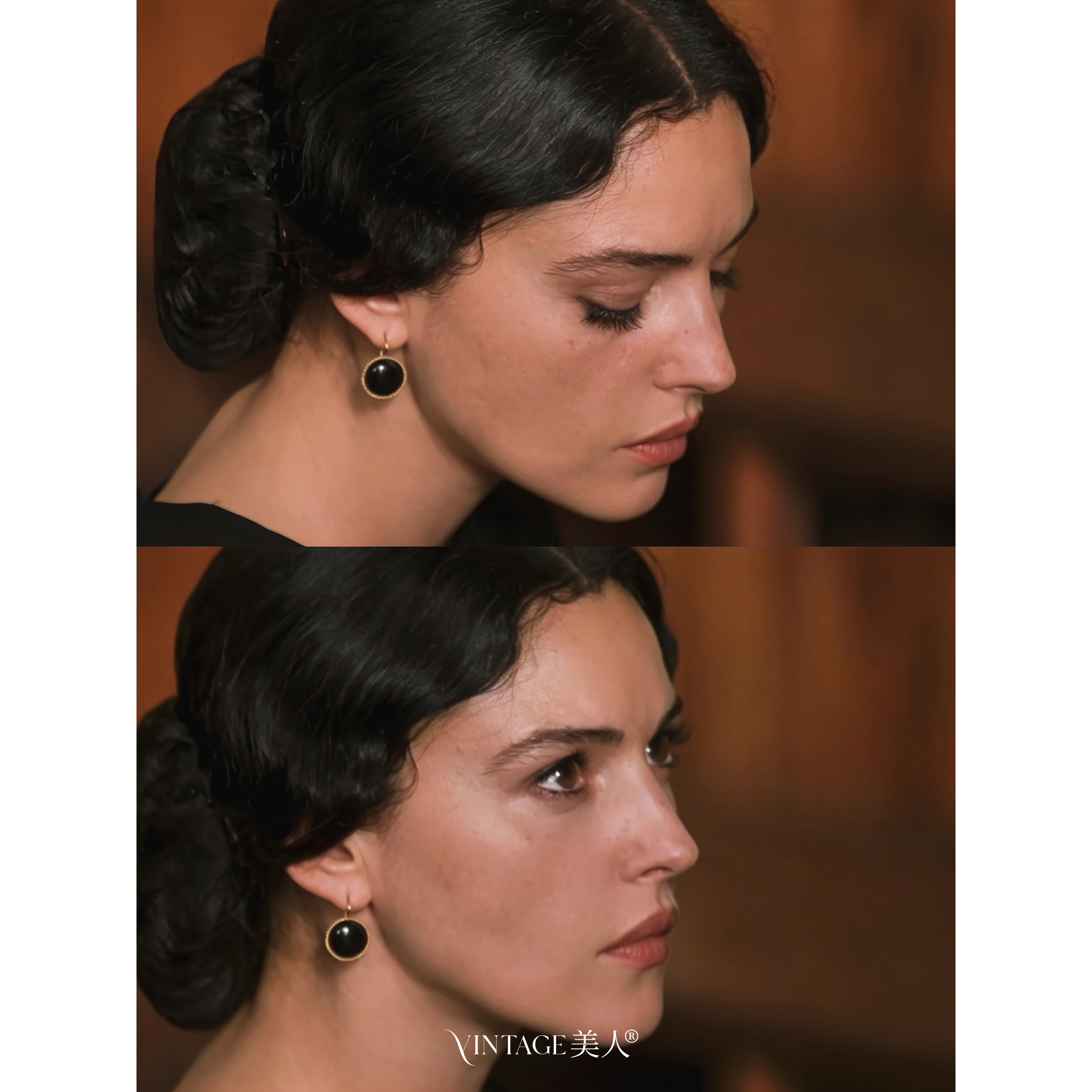 「莫妮卡贝鲁奇」法式复古西西里美丽传说同款高级黑玛瑙耳环耳夹