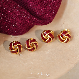 「交响曲」复古法式 高级感轻奢百搭同心结红色扭曲珐琅釉耳钉耳夹