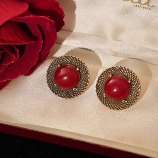 「波尔多晚宴」vintage法式 耳夹 复古高级小众红宝石做旧金属耳环