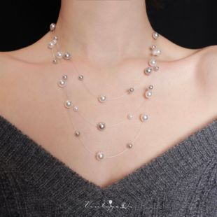 「灰白满天星」超仙法式复古高级温柔悬浮多层鱼线珍珠项链锁骨链