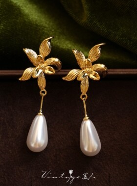 「盛放鸢尾」复古vintage文艺高级感小众鸢尾花水滴珍珠耳环/耳夹