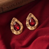 「赤焰舞会」vintage法式 复古高级感时髦做旧酒红水滴耳环 耳夹女