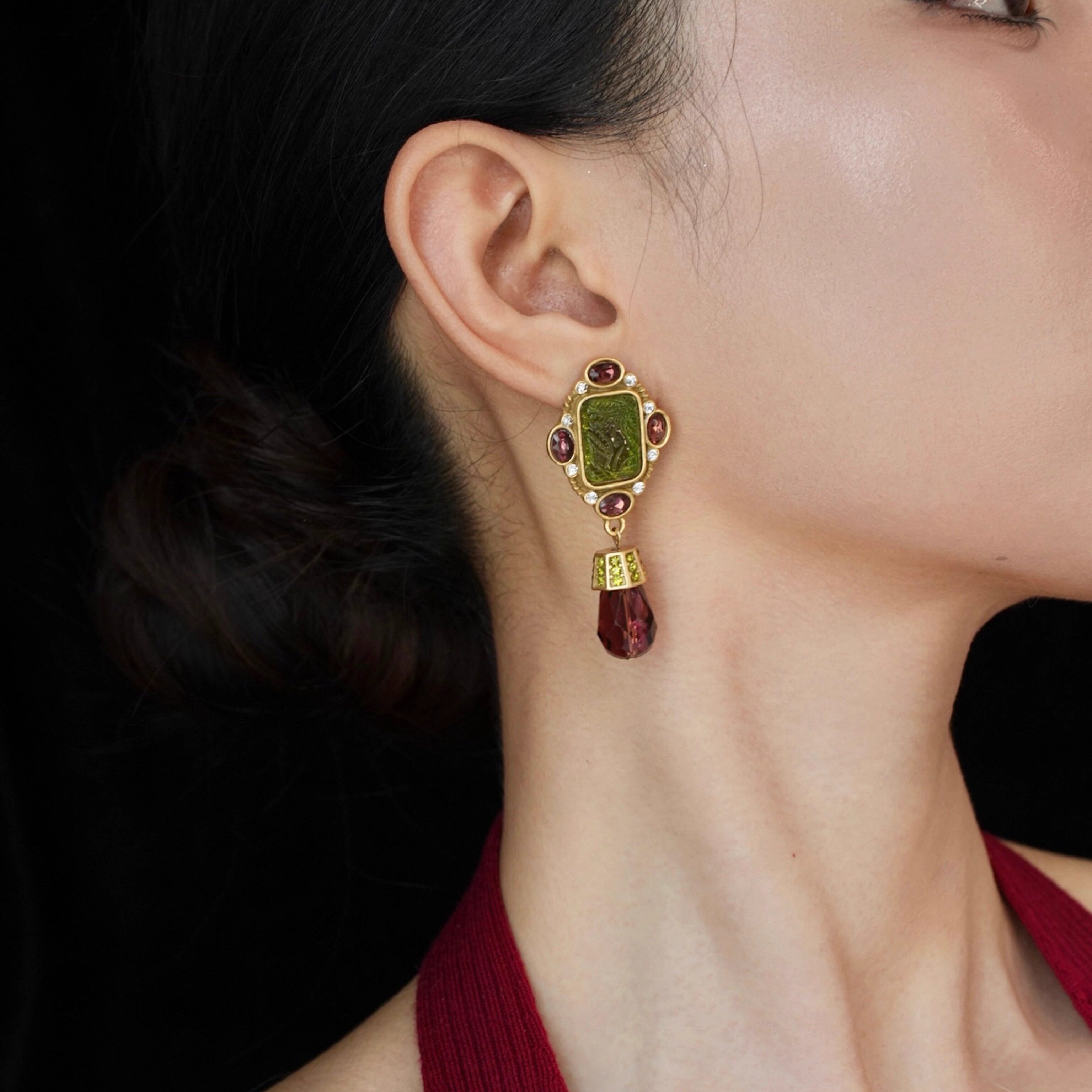 「丛林秘境」绿色琉璃vintage复古高级感小众宫廷夸张耳环/耳夹女