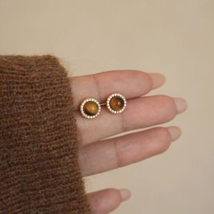 「秋日眼眸」法式复古小巧日常精致闪耀高级感棕色虎眼石耳环耳夹