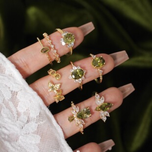 复古高级感闪耀轻奢橄榄绿显白开口戒指女 法式 「莱茵湖」多款 入