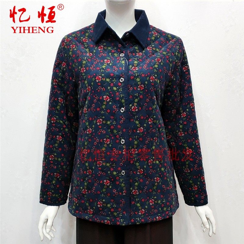 忆恒9090秋季新款夹薄棉衬衣中老年女妈妈宽松大码小夹袄条绒外套