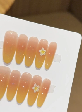 千繁【小黄花】夏日雕花渐变长款精品纯手工穿戴甲美甲贴片假指甲