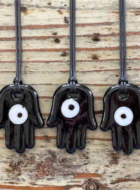 黑色法蒂玛玻璃挂件恶魔之眼项链土耳其眼睛吊坠黑色蜡线跨境