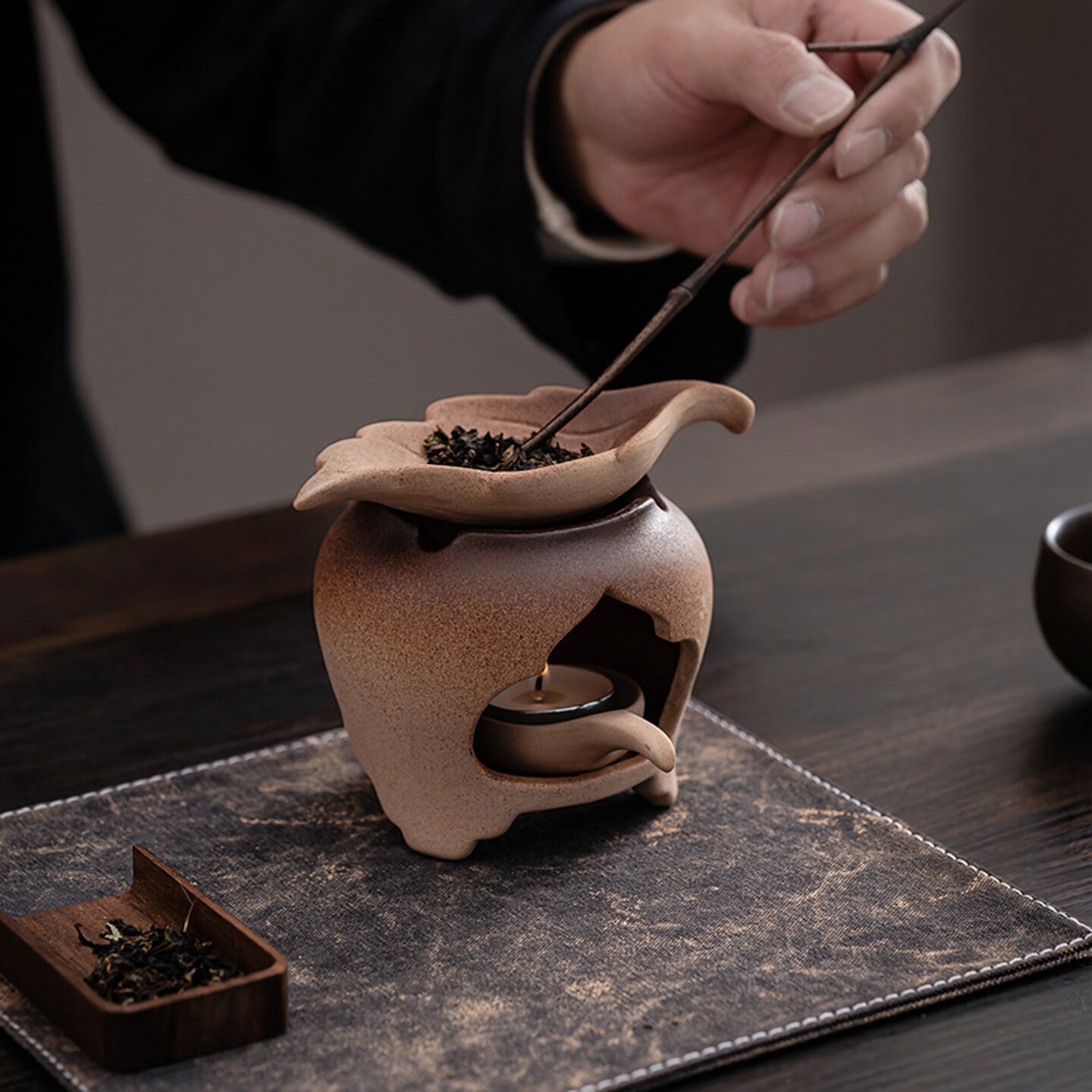 日式粗陶蜡烛加热焙茶提香炉