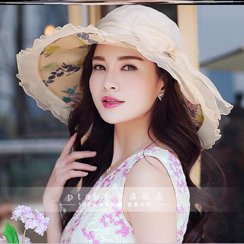 布塔真丝帽子蝴蝶结遮阳帽女防晒可折叠大沿桑蚕丝太阳帽防紫外线