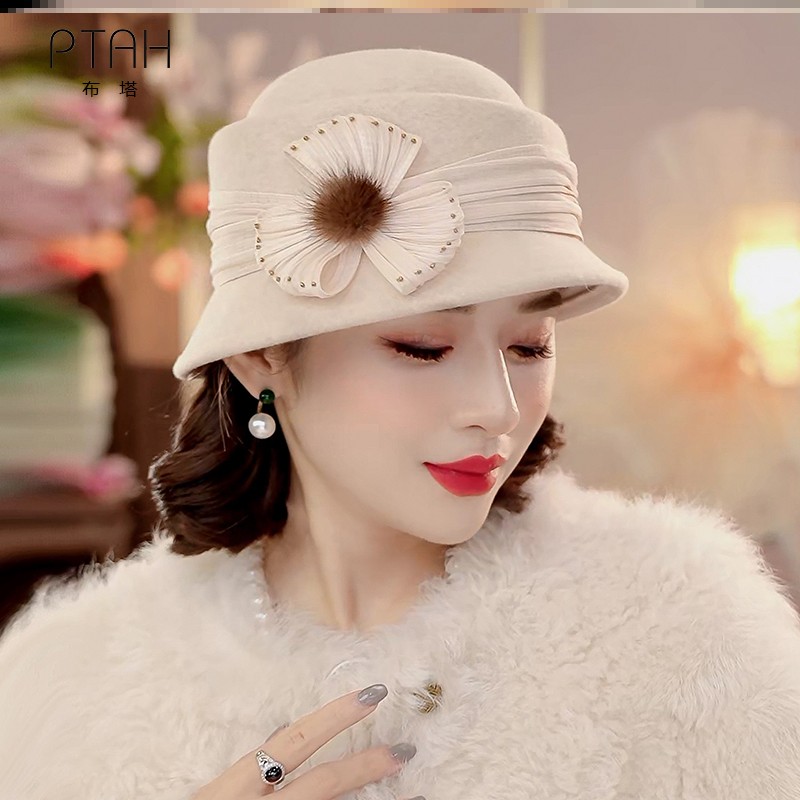 布塔纯羊毛呢帽子女秋冬季英伦时尚百搭贝雷帽复古小礼帽定型盆帽