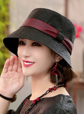 布塔香云纱帽子女四季戴气质优雅桑蚕丝渔夫帽真丝遮阳帽妈妈盆帽