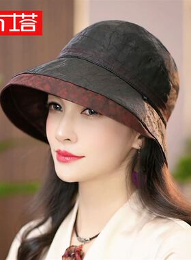 布塔春夏季香云纱帽子女款双面戴渔夫帽防晒遮阳帽重磅桑蚕丝盆帽