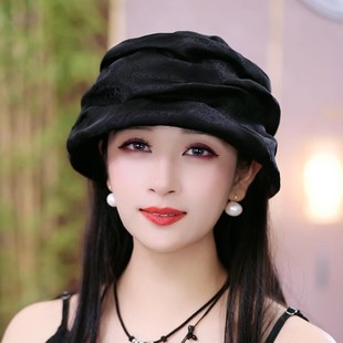 戴真丝堆堆帽遮白发渔夫帽时尚 布塔香云纱香妃帽女四季 减龄盆帽子
