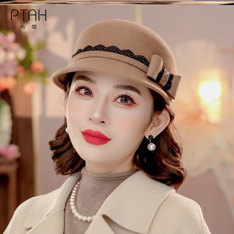 布塔纯羊毛呢骑士帽礼帽女秋冬时尚百搭显脸小帽子定型盆帽高级感