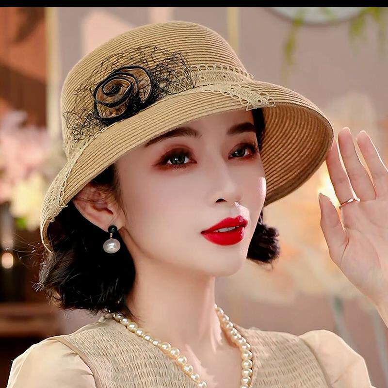 布塔法式复古赫本礼帽女太阳帽夏帽花朵网纱草帽遮阳帽大檐防晒帽