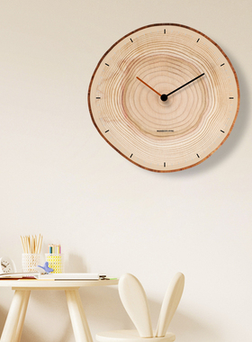 侘寂原木风客厅静音挂表免打孔年轮餐厅钟表挂钟现代简约时钟挂墙