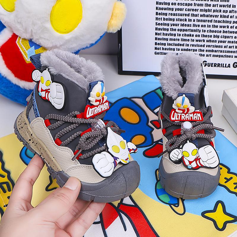 儿童棉鞋保暖皮面防水靴子男孩