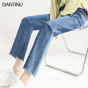 丹媞奴孕妇直筒裤春秋款九分时尚薄款外穿大码宽松毛边牛仔裤春夏