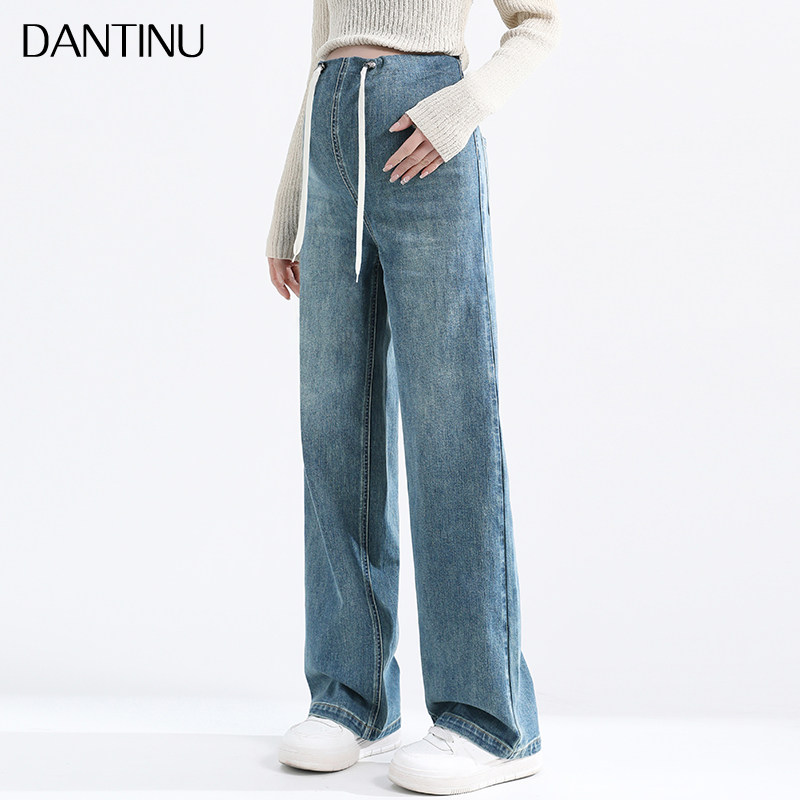 孕妇抽绳牛仔裤秋冬新款休闲窄版阔腿裤外穿直筒春秋加长拖地长裤