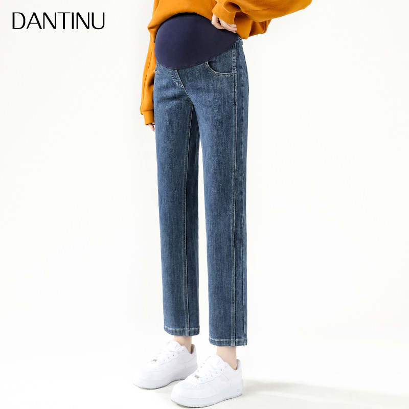 孕妇裤子春秋外穿窄版直筒宽松长裤小个子春季牛仔裤九分大码春装