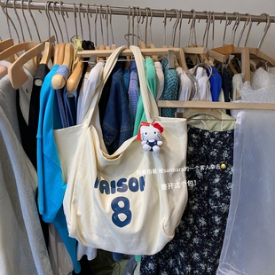 韩系简约撞色字母帆布包大容量慵懒风单肩手提包袋3020