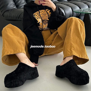 小池在首尔2024年秋季 防水台松糕底加绒保暖可爱毛毛包头拖女 新款