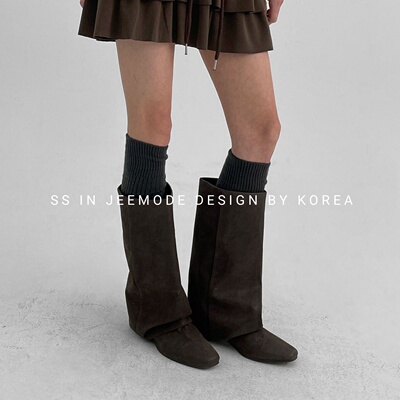 法式美拉德系复古套筒褶皱裤管靴