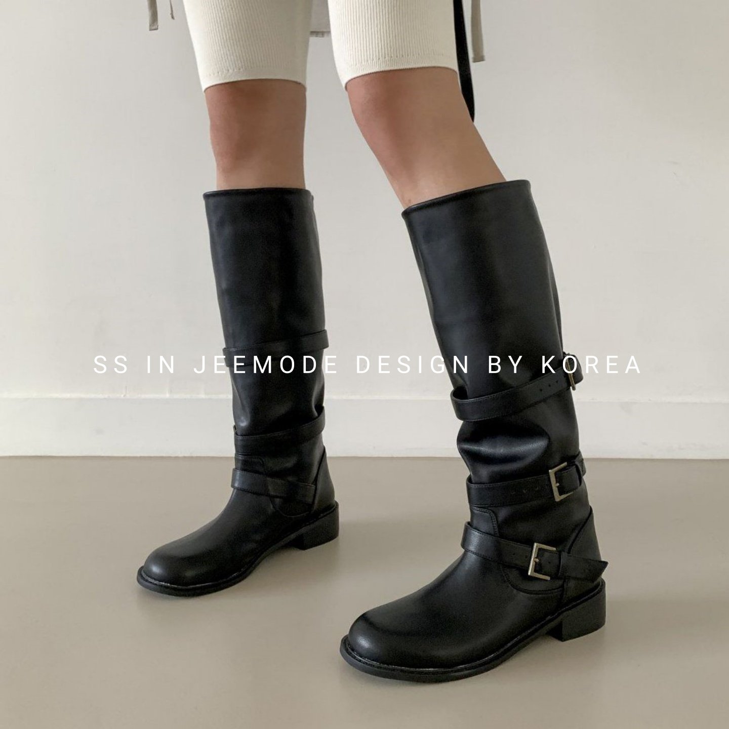 小池在首尔秋冬新款韩系百搭套筒圆头皮带扣个性骑士靴不过膝长靴
