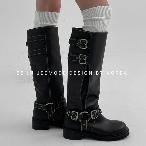 复古机车靴皮带扣个性西部马丁靴