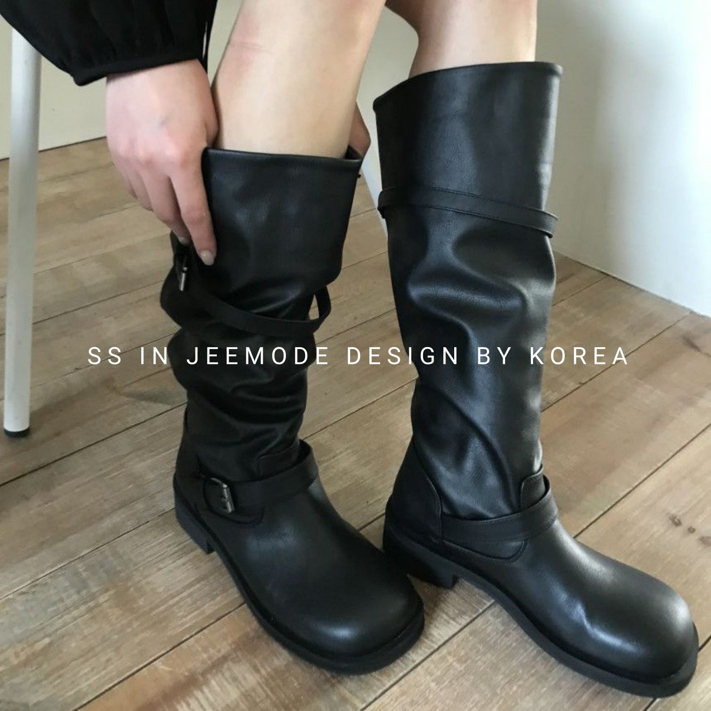 小池在首尔秋冬季新款韩系厚底圆头复古皮带扣擦色长筒骑士靴女靴