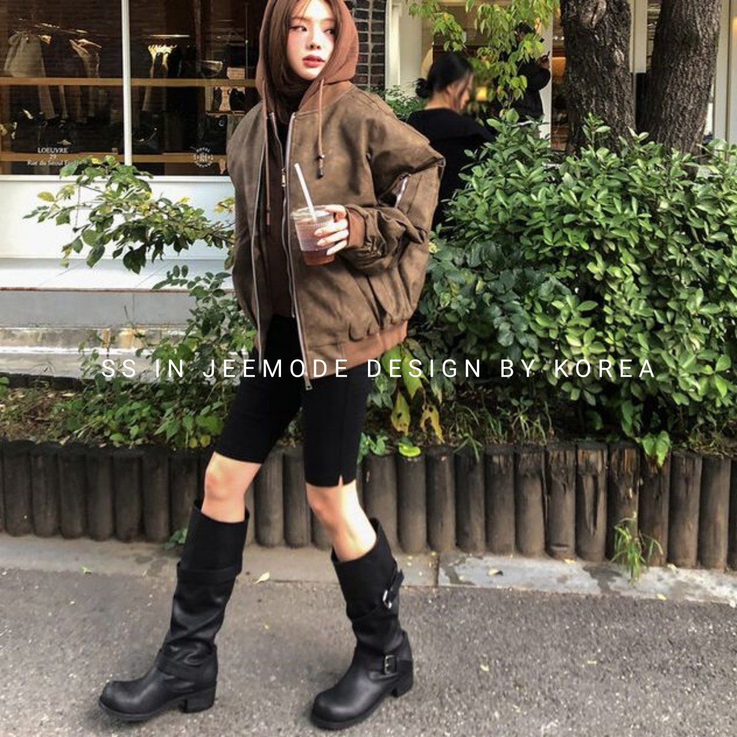 小池在首尔秋冬季新款韩系圆头方根时尚双皮带扣不过膝高筒骑士靴