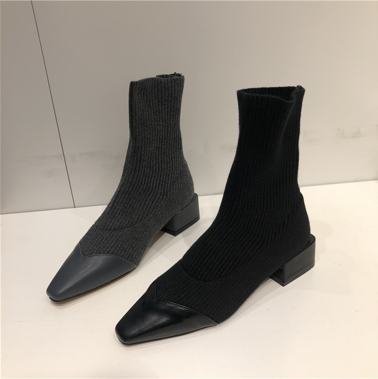 韩国东大门女鞋23秋冬新款欧美拼接尖头粗跟套筒针织休闲短靴子女