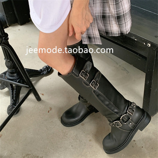 小池在首尔24年秋季 圆头方跟皮带扣机车骑士套筒小众长筒女靴 新款