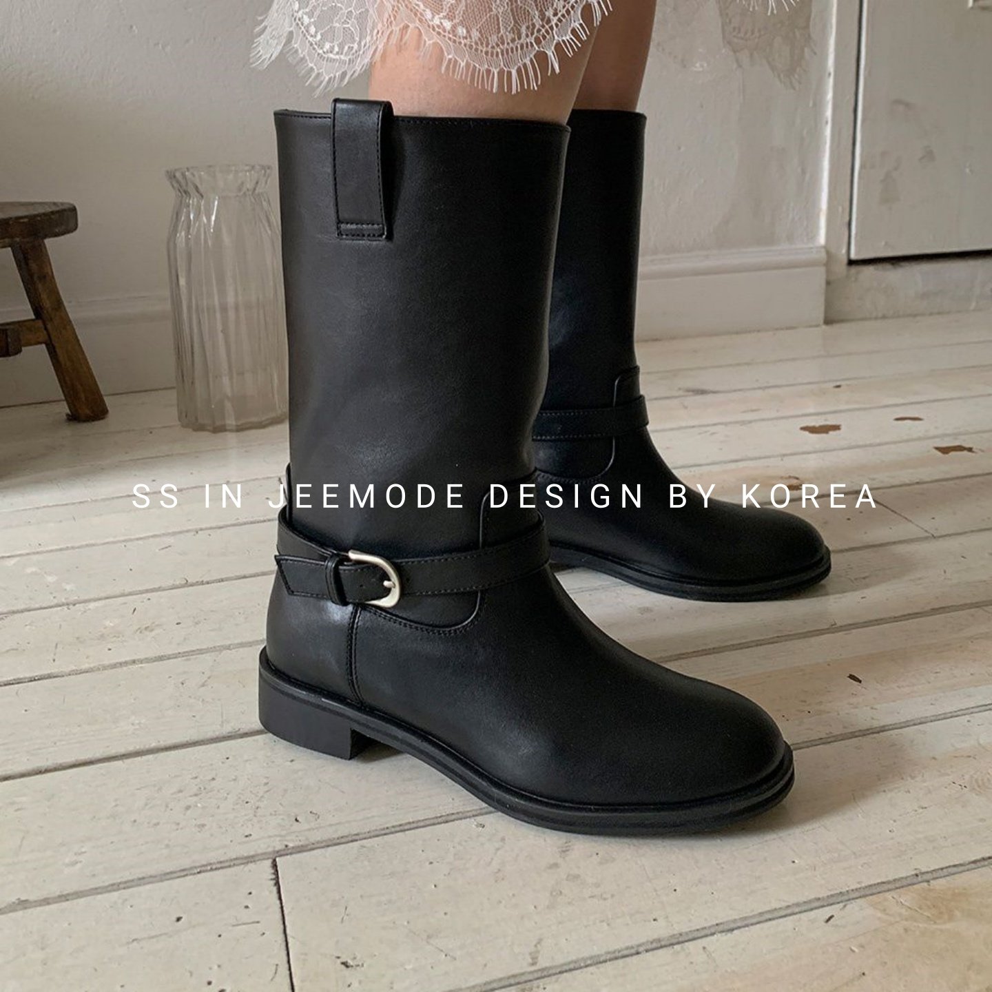 小池在首尔秋季新款韩系圆头皮带扣装饰简约西部牛仔靴休闲中筒靴