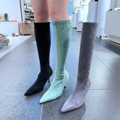 小池在首尔东大门秋季 尖头细高跟绒面长筒女靴纯色套筒瘦瘦靴 新款