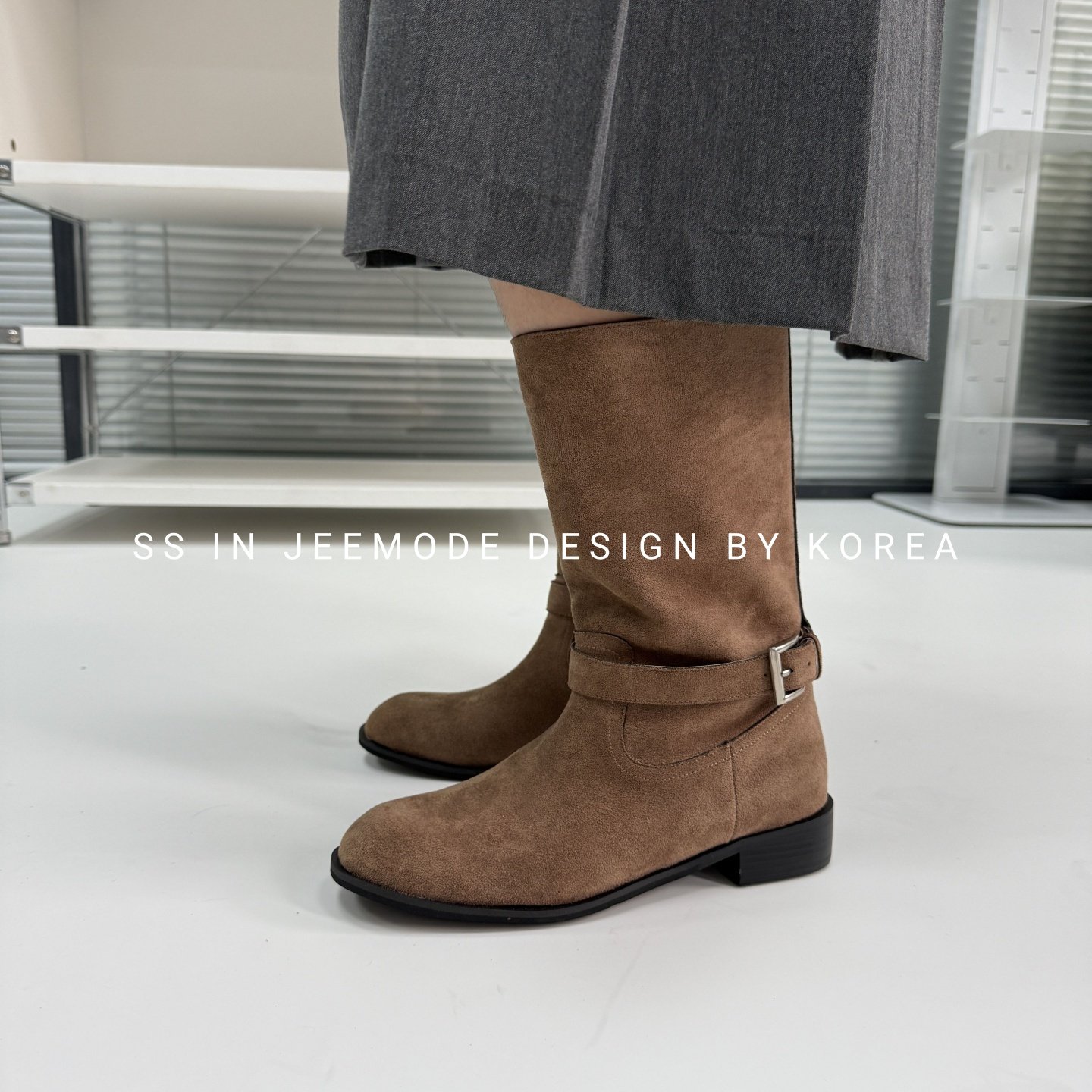 圆头皮带扣复古风西部牛仔时装靴