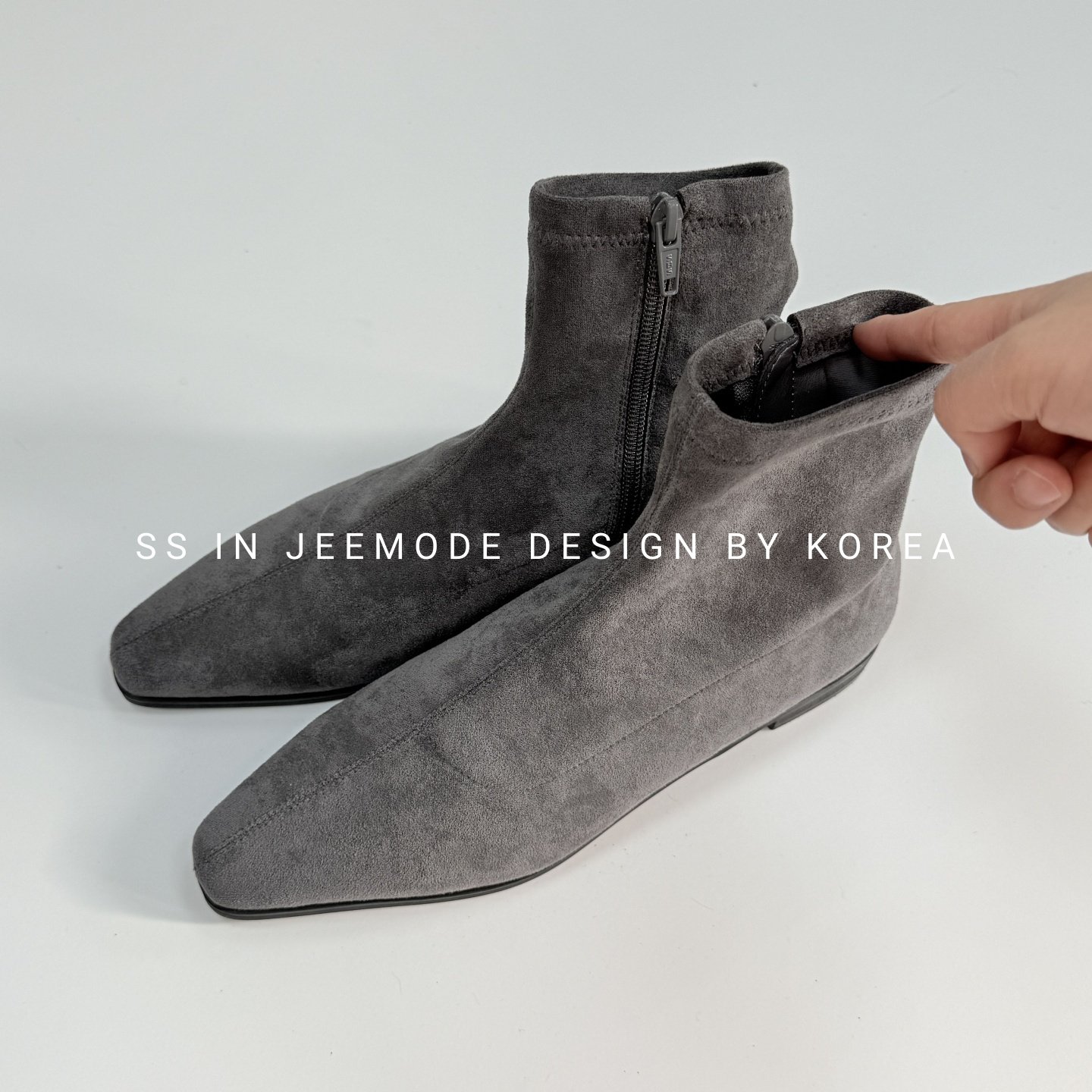 小池在首尔秋季新款韩版小方头绒面短靴侧拉链瘦瘦靴显瘦百搭踝靴