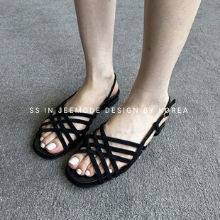 平底舒适细带露趾凉鞋 复古编织包头罗马鞋 新款 小池在首尔25年夏季