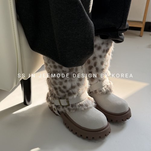 厚底两穿皮带扣毛毛保暖雪地靴女