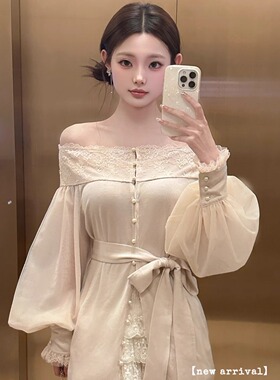 YETINGXI 矜贵muse/一字肩羊毛天丝拼接蕾丝千金感针织上衣