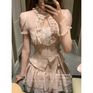 YETINGX 薄雾少女/古早日系doll感套装蝴蝶结绑带收腰上衣蛋糕裙