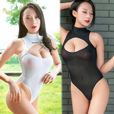 性感高领无袖三角条纹连体衣开胸