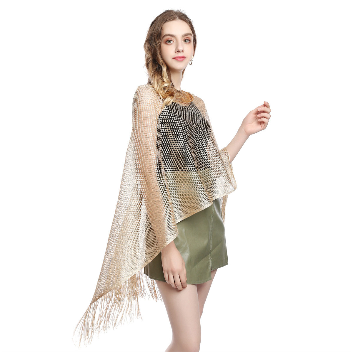 镂空几何花纹流苏披肩堆堆领套头人造丝外搭披肩 百搭斗篷围巾