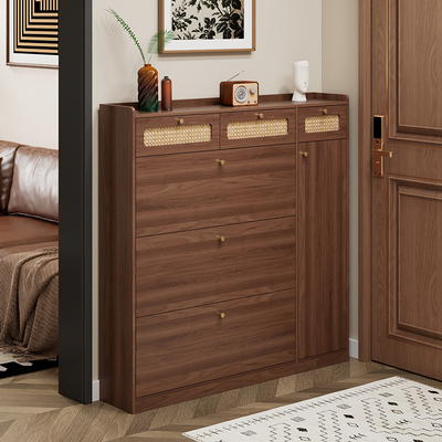 实木藤编胡桃色收纳储物玄关鞋架