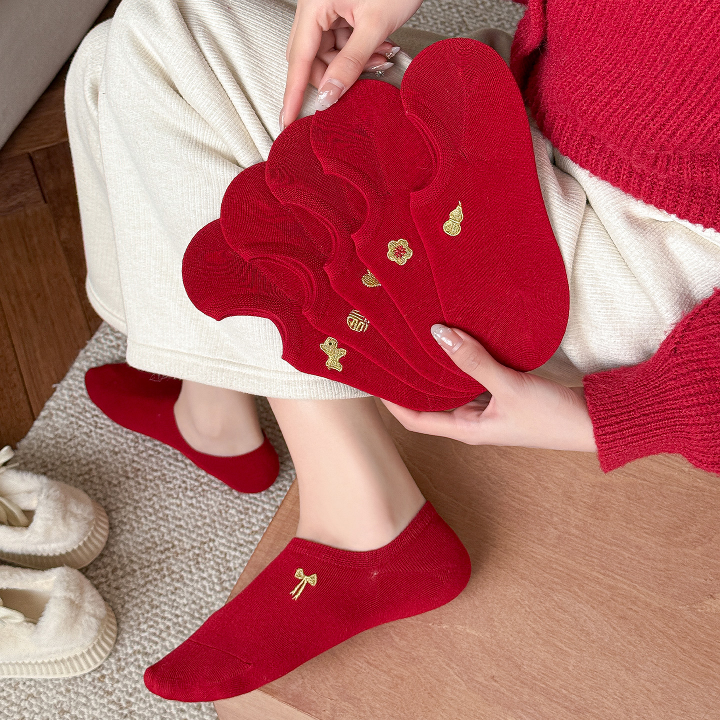红色袜子女秋冬本命年2026马年纯棉船袜新年情侣一对结婚短袜女士