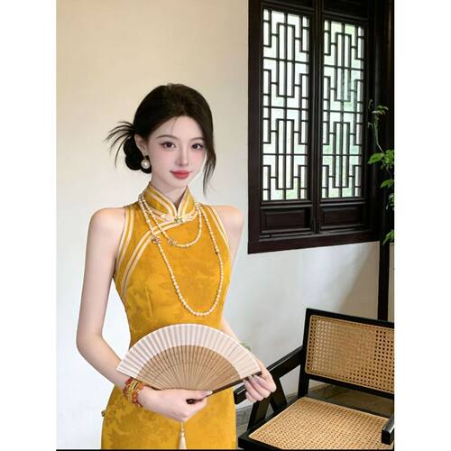 cheongsam qipao chinese dress chipao新款暗纹提花港工旗袍金色