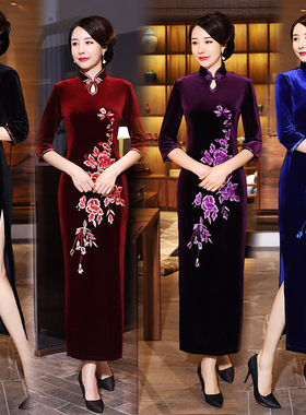 cheongsam qipao dress chipao新款金丝绒复古改良绣花长款大码