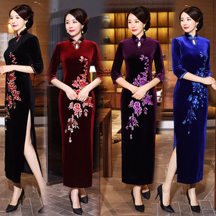 cheongsam qipao dress chipao新款金丝绒复古改良绣花长款大码