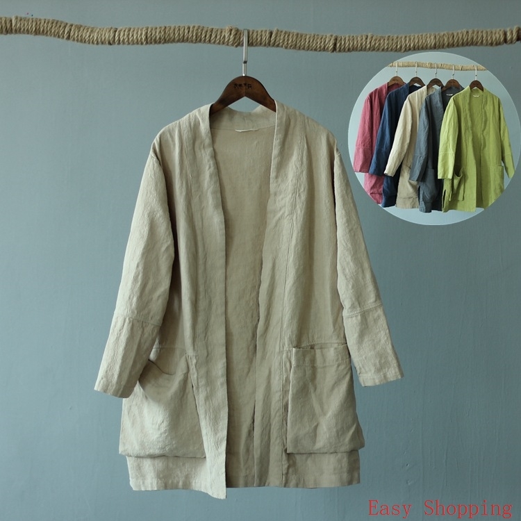 Chinese Cotton Linen Clothes春秋季新款女式纯亚麻简约立体大兜